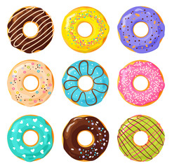 Set of colorful donuts on white background