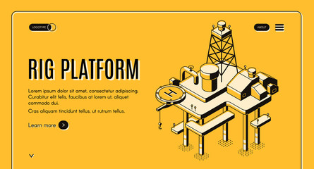 Oil extraction on sea and continental shelf isometric vector web banner with offshore drilling rig platform line art illustration. Petroleum and gas production industry company landing page template