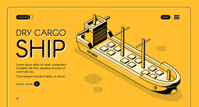 Dry cargo ship isometric vector web banner with bulk carrier line art illustration. Freight maritime transport, merchant vessel for goods delivery. International trade company landing page template