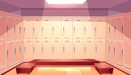 Gym or sport club locker room interior cartoon vector with two rows of closed personal lockers and comfortable seats illustration. School or kindergarten dressing room. Station luggage storage