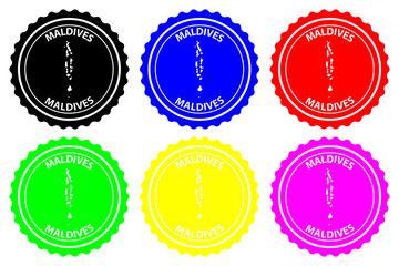 Maldives - rubber stamp - vector, Republic of Maldives map pattern - sticker - black, blue, green, yellow, purple and red