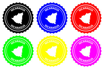 Nicaragua - rubber stamp - vector, Republic of Nicaragua map pattern - sticker - black, blue, green, yellow, purple and red