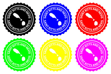 Saint Kitts and Nevis - rubber stamp - vector, Federation of Saint Christopher and Nevis island map pattern - sticker - black, blue, green, yellow, purple and red