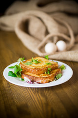 fried croutons in eggs with greens in a plate