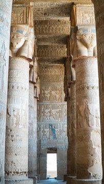Interior of Dendera temple or Temple of Hathor. Egypt. Dendera, Denderah, is a small town in Egypt. Dendera Temple complex, one of the best-preserved temple sites from ancient Upper Egypt.