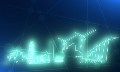 Concept of industrial plant and manufacture building. Energy and Power icons set. Energy generation and heavy industry. Modern brochure, report or cover design template. Thin lines style. 3D rendering