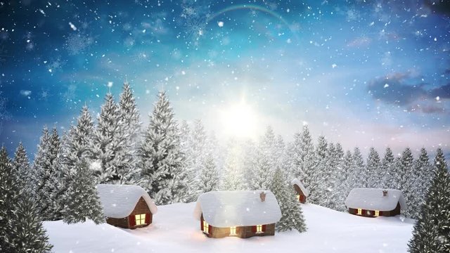 Video composition with snow over winter scenery at night