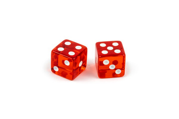 Two red glass dice isolated on white background. Four and five.