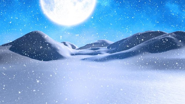 Winter scenery with full moon and falling snowfalling snow