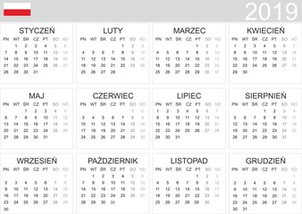 Kalendarz 2019 język polski PL - obrazy, fototapety, plakaty
