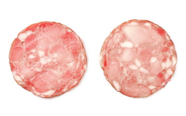 ham slices isolated on white background, top view