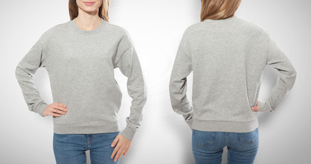 young girl in gray sweatshirt front and rear, gray hoodies, blank isolated on white background - obrazy, fototapety, plakaty