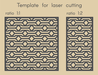 Template for laser cutting. Stencil for panels of wood, metal. Abstract geometric background for cut. Ratio 1:1, 1:2. Vector illustration. Decorative cards.