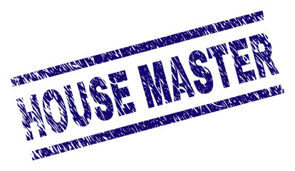 HOUSE MASTER seal imprint with grunge style. Blue vector rubber print of HOUSE MASTER tag with grunge texture. Text tag is placed between parallel lines.