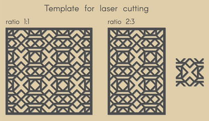 Template for laser cutting. Stencil for panels of wood, metal. Arabic geometric background for cut. Vector illustration. Decorative cards. Ratio 1:1, 2:3.