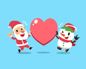 Vector cartoon christmas santa claus and snowman with big heart sign
