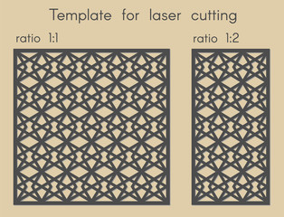 Template for laser cutting. Stencil for panels of wood, metal. Abstract geometric background for cut. Vector illustration. Decorative cards. Ratio 1:1, 1:2.