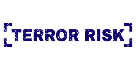 TERROR RISK label seal print with distress texture. Text label is placed inside corners. Blue vector rubber print of TERROR RISK with scratched texture.