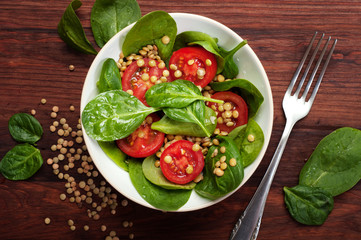 Salad of baby spinach leaves, green lentils, cherry tomatoes, olive oil and lemon juice in a bowl on a brown wooden surface. A dietary dish. Vegetarian, vegan concept
