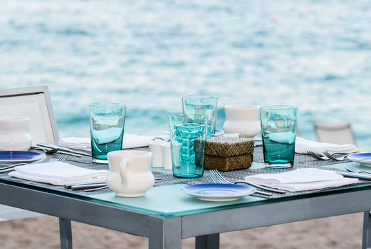 A Outdoor Set Table in the Sand by the Ocean at a Mexican Restaurant in Punta de Mita, Nayarit, Mexico