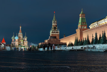 Obraz premium Moscow,russia.Red square.Spasskaya tower,Kremlin and St. Basil's Cathedral.