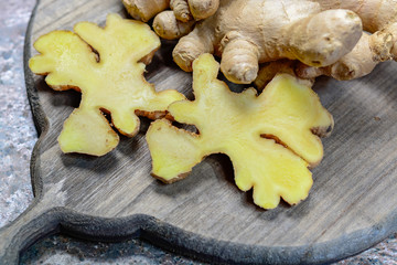 Fresh raw ginger root from China close up