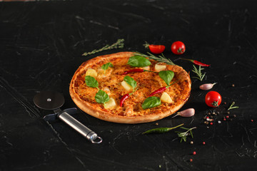 pizza, pineapples, chicken, tomato sauce, vegetables, basil (pizza ingredients). food background. copy space