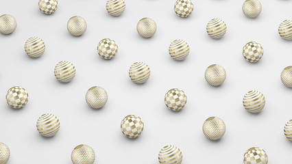 Abstract 3d rendering of white low poly sphere shapes with golden edges. Futuristic background