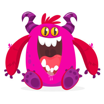Hungry pink cartoon monster excited. Vector illustration