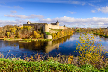 Fototapeta premium the ancient Russian fortress in Ivangorod, the monument and popular tourist attraction on the border with Estonia, Ivangorod, Russia
