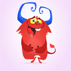 Scared cartoon funny monster with big horns. Clipart illustration