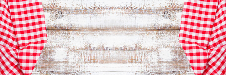 set top view empty wooden table with tablecloth, food drink background