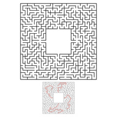 Black square maze with entrance and exit. An interesting and useful game for children. Simple flat vector illustration isolated on white background. With a place for your drawings. With the answer.