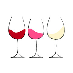 three hand drawn wine glasses with red, rose and white wine - flat vector illustration