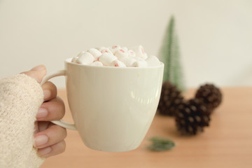 hand holding cup of hot chocolate with fluffy white marshmallow.winter Christmas time,cozy day.
