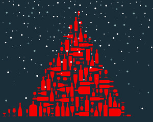 a christmas tree made of red wine bottles and glasses of different form and size - on dark blue background with snow falling from sky - flat vector illustration 