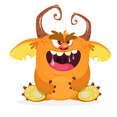 Angry cartoon monster sitting. Halloween vector horned monster clipart illustration