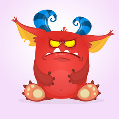 Angry grumpy cartoon monster. Halloween vector horned monster