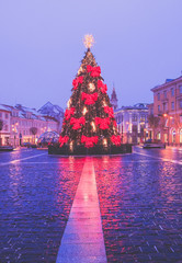 Town christmas tree with red ribbons in Vilnius 2017