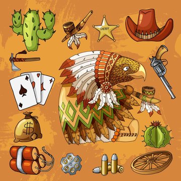 Cartoon character american eagle with set of classic western items design print