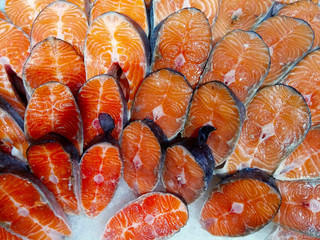 Fish Steak At The Fish Market. Fish Background Textures. Healthy Food, Seafood Concept.
