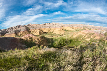A landscape view of Badlands National Park in South Dakota.