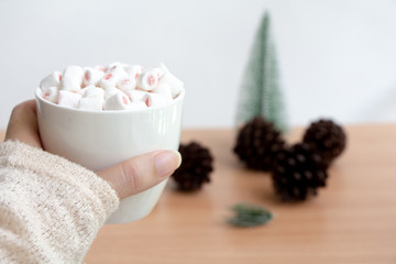 hand holding cup of hot chocolate with fluffy white marshmallow.winter christmas time,cozy day.