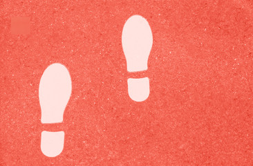 Living Coral Colors. Color of the year 2019. Yellow footprint or foot steps on gray asphalt