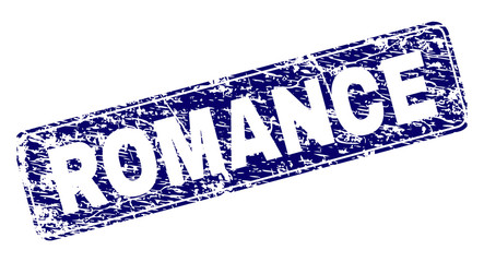 ROMANCE stamp seal print with grunge style. Seal shape is a rounded rectangle with frame. Blue vector rubber print of ROMANCE label with unclean style.