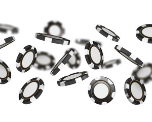  Casino chips, isolated on white. Casino game 3D chips. Online casino banner. Black realistic chip. Gambling concept, poker mobile app icon. Chips falling in the air