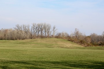 Fototapeta na wymiar The green grass field hill landscape in the park. 