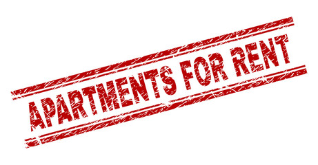 APARTMENTS FOR RENT seal imprint with corroded texture. Red vector rubber print of APARTMENTS FOR RENT caption with retro texture. Text caption is placed between double parallel lines.