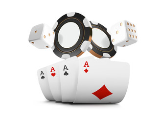 Playing cards, poker chips and dice fly casino on white background. Poker casino  illustration. Online casino game gambling table 3d  concept.