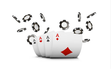 Playing cards and poker chips fly casino. Concept on white background. Poker casino  illustration